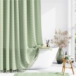 Dynamene Boho Farmhouse Shower Curtain, Sage Green Fabric Tufted Chevron Striped Textured Tassel Shower Curtains for Bathroom, Water Repellent,