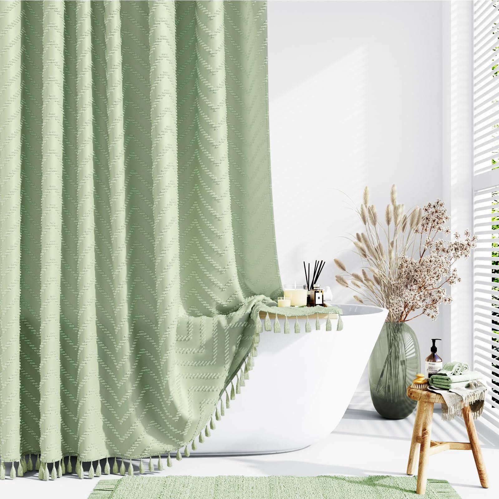 cf78f998d0a0058ec2b13216cd62605ce38456d168f78ba1027cd40890238fc1.jpg Dynamene Boho Farmhouse Shower Curtain, Sage Green Fabric Tufted Chevron Striped Textured Tassel Shower Curtains for Bathroom, Water Repellent, - Image 1
