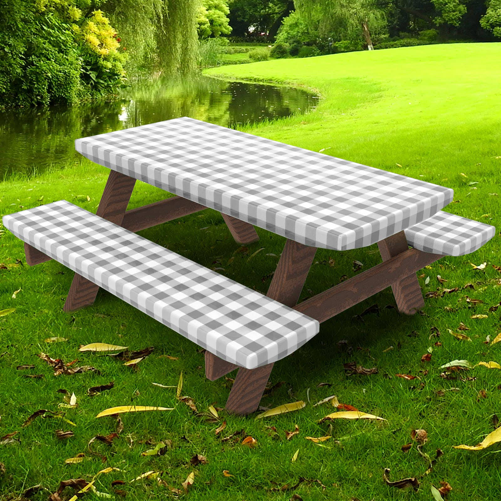 cfcee2a60a36d8febe3f6f1ba56f1c77964b67eb452baed6685b287c765b2b54.jpg Umineux Picnic Table Cover with Bench Covers Fitted Table Clothes for 6 Foot Rectangle Tables Vinyl Flannel Backing with Elastic Edge -For Outdoor - Image 1