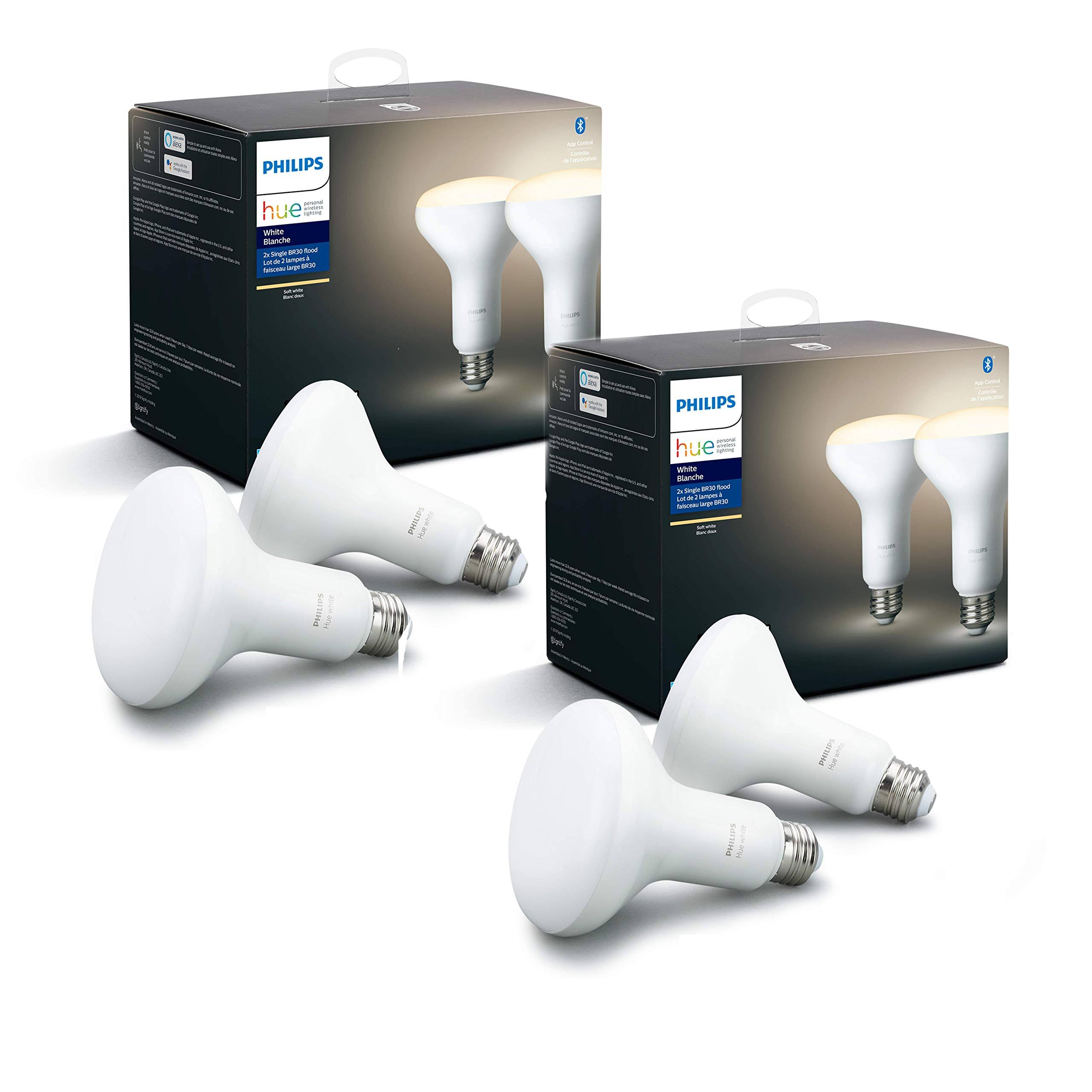 cfebc6e5602073426c39e5d0b2fe05748e8184280ff80f343beea3a735167e6b.jpg Philips Hue White Smart BR30 Bulbs with Bluetooth, Hue Hub Compatible- 4 Pack, 538173-4 - Image 1