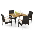 Tangkula 5 Pieces Patio PE Wicker Dining Set, 42.5” Square Acacia Wood Dining Table and Chairs with Cushions