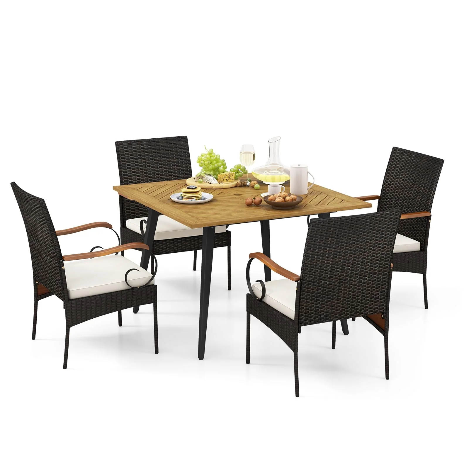 d0a9d480e7c1d8a2d054e0783e4b6f97ec63baa9b76be3d0d01377473204dea3.webp Tangkula 5 Pieces Patio PE Wicker Dining Set, 42.5” Square Acacia Wood Dining Table and Chairs with Cushions - Image 1