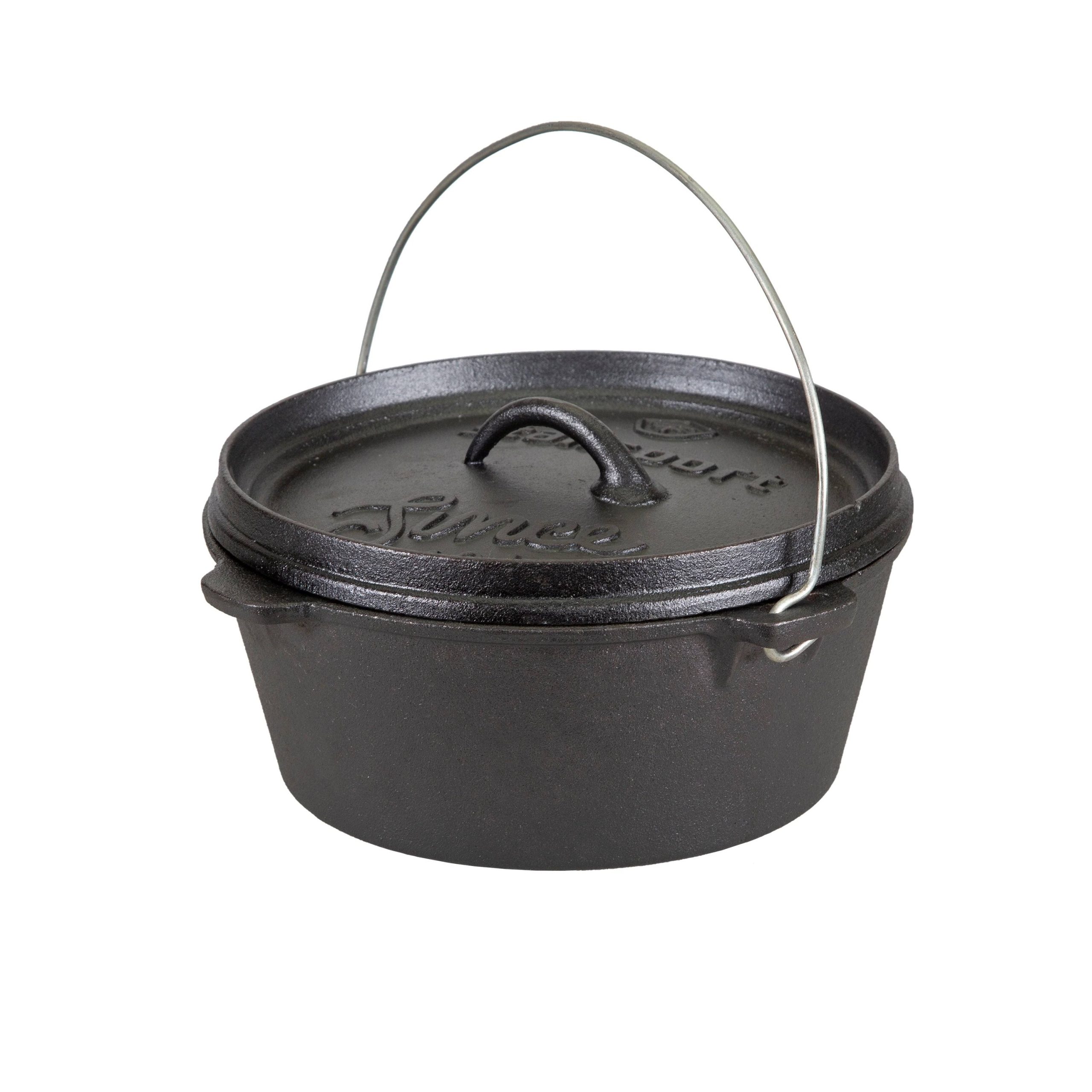 d0ab9619f5a37edea40b3ca271e1c29baeeb40b90f4454fb08577e2eca79043f.jpg Stansport Cast Pre-Seasoned Iron Dutch Oven - 4 qt - Flat Bottom - Image 1