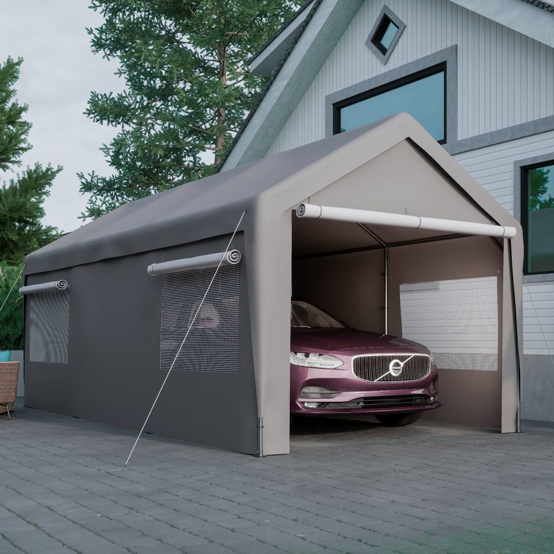d0e9e42a047e73ffd03eb741a99cce9dabaf0edf86793fe99be1e65deb71959f.jpg 10 ft. W x 20 ft. D Garage Heavy Duty Carport Portable Garage Storage Shed Canopy Thanaddo Color: Gray - Image 1