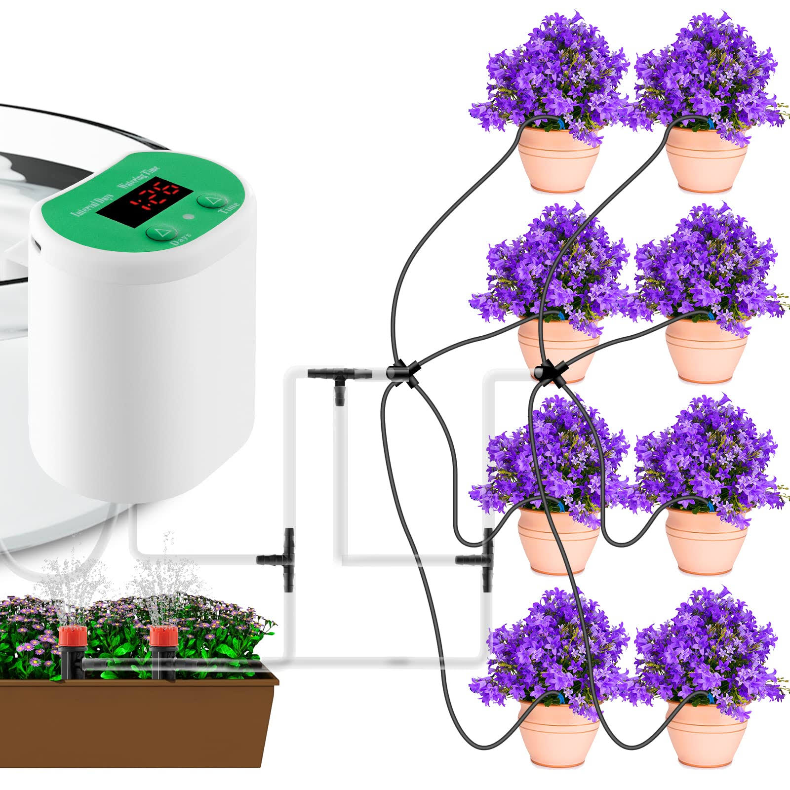 d108d9b0d270a0da61466ace6c5bb48a44b6b93257085122c2b800a2858a2c97.jpg GURITHE Automatic Watering System for Potted Plants Watering Devices Automatic Plant Waterer System with 8 Irrigation Drippers and 2 Sprinkler Chargeable - Image 1