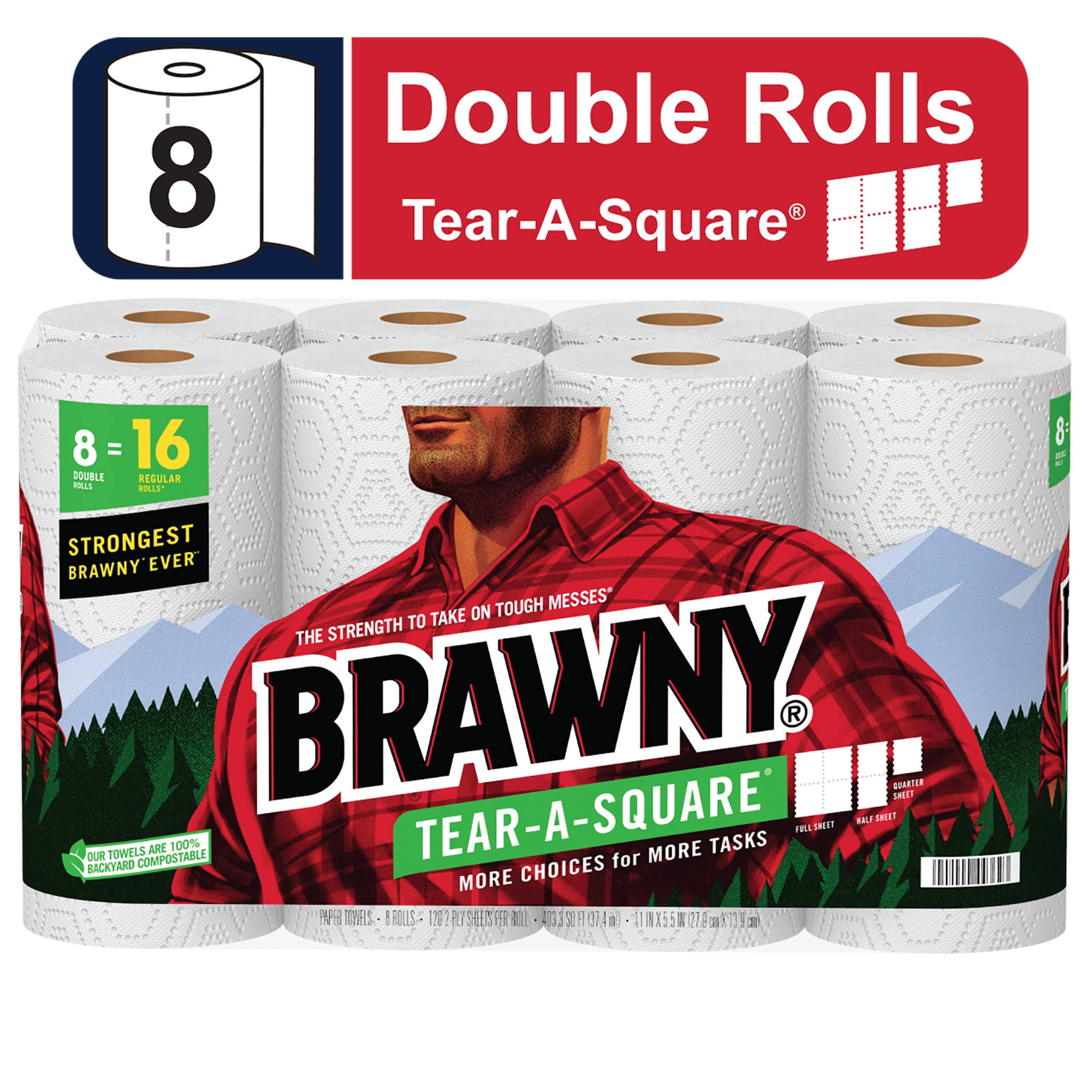 d1488d99c48d11e4116a44923ad94fda8301812992764c7015cb9e972fee5a44.jpg Brawny Tear-A-Square Paper Towels, Double Rolls - 8 rolls - Image 1