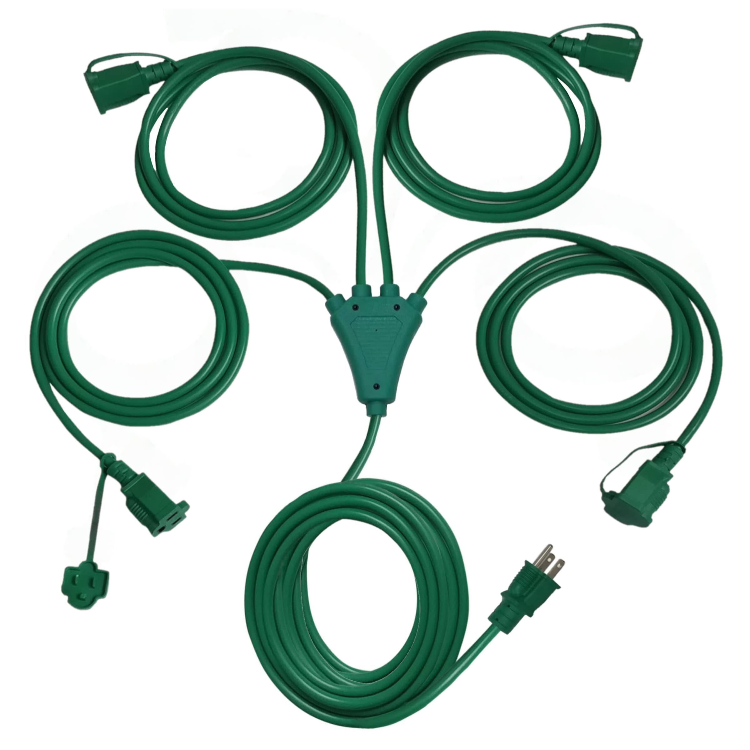 d18e20e944f740fe50dd8754cf1435ab00ff5da8100130606df1024d9704f759.jpg Stright 1 to 4 Splitter Extension Cord (Combined 46 ft, End to End 28 ft), 3 Prong Plug with 4 Extended Outlets, with Weatherproof Covers for Indoor - Image 1