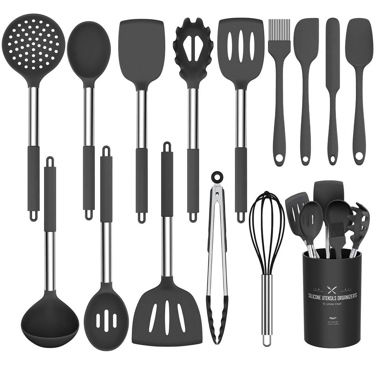 d1bf17de27b919c7a2353ac3d77d2e8ced577f467665d88ce2aca95ac6bcec14.jpg Silicone Cooking Utensil Set, Umite Chef 15pcs Silicone Cooking Kitchen Utensils Set, Non-Stick - Best Kitchen Cookware with Stainless Steel Handle - Image 1