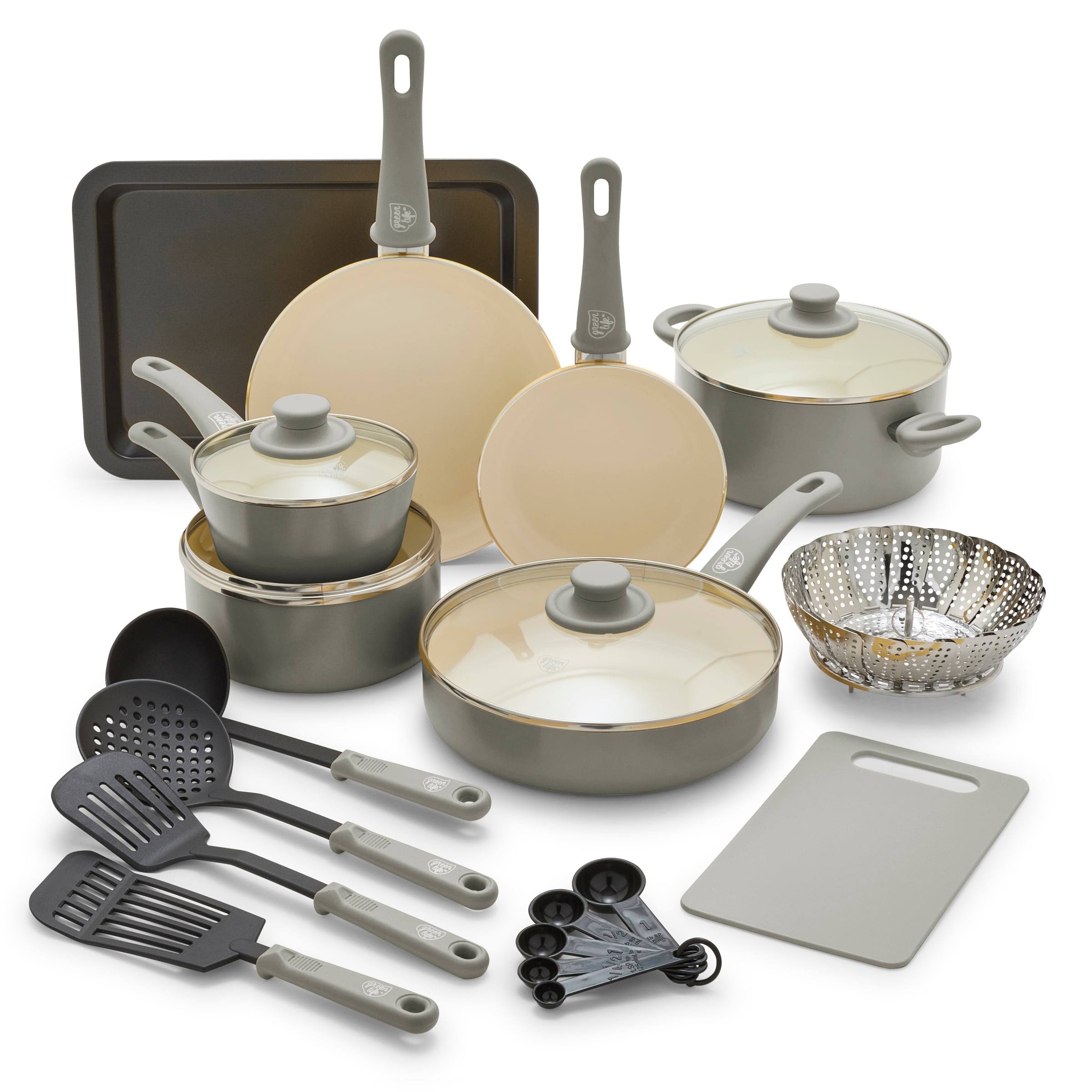 d1f06bf467ce1a2e4cf1c150051603b39438e8680e6e8bd7840809a4e4387785.jpg GreenLife Soft Grip Absolutely Toxin-Free Healthy Ceramic Non-stick Cookware Set, 18-Piece Set, Grey - Image 1