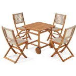 AECOJOY 5 Piece Outdoor Patio Dining Set, Acacia Wood Outdoor Table and Chairs with Wheels