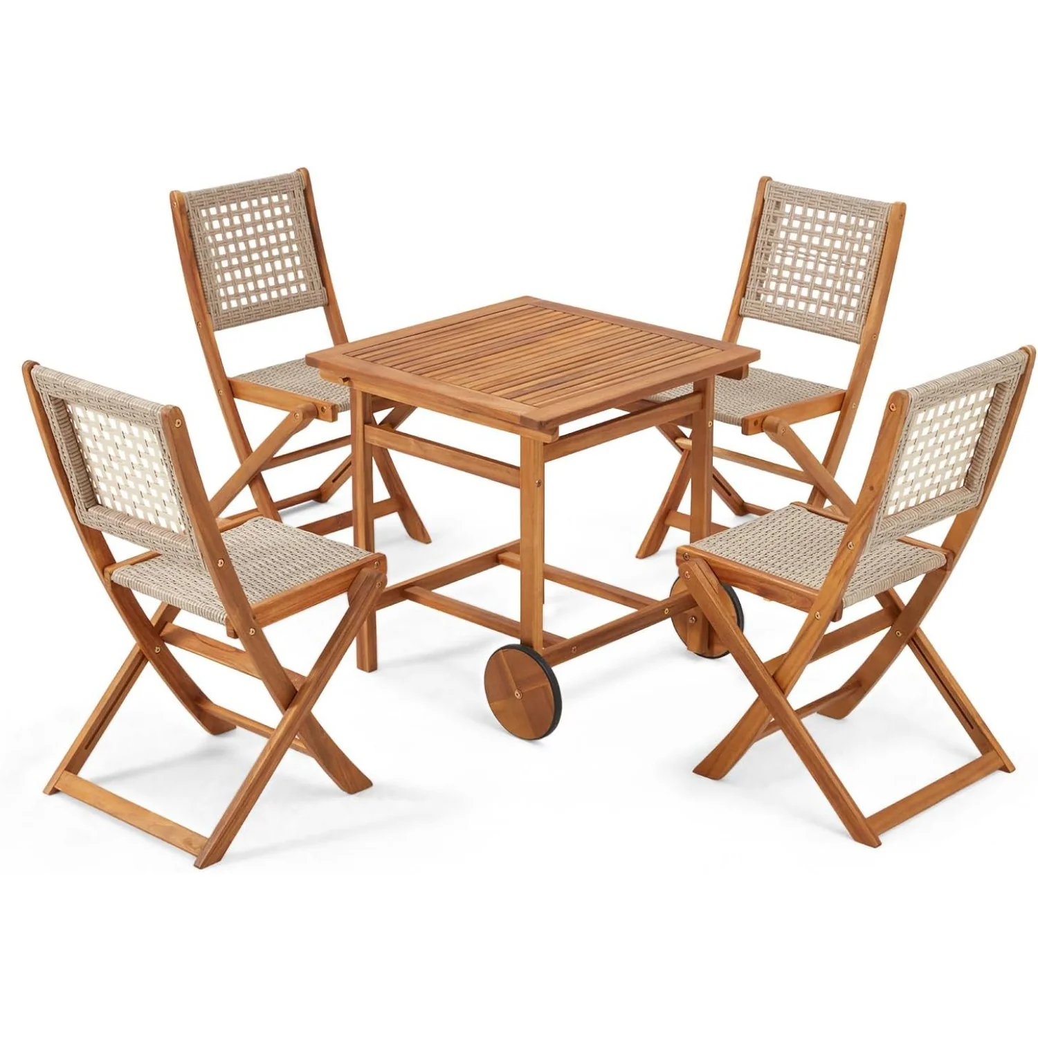 d22144505d93b82f89cf7aba243ac6b5b4fdf36cd25c7092aad93ef1ef315715.webp AECOJOY 5 Piece Outdoor Patio Dining Set, Acacia Wood Outdoor Table and Chairs with Wheels - Image 1