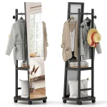 Tangkula Full Length Mirror with Coat Rack Swivel 55" Standing Floor Mirror on Wheels with Shelves