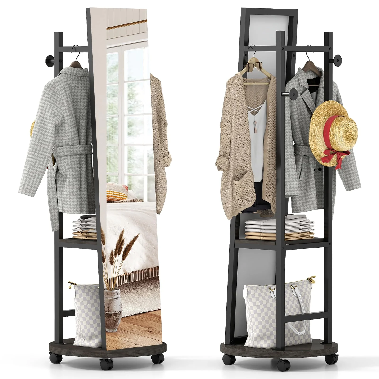 d241849716ce60773b6804f373343b0ed60d980895369c51e2ccefd6697ec325.webp Tangkula Full Length Mirror with Coat Rack Swivel 55" Standing Floor Mirror on Wheels with Shelves - Image 1