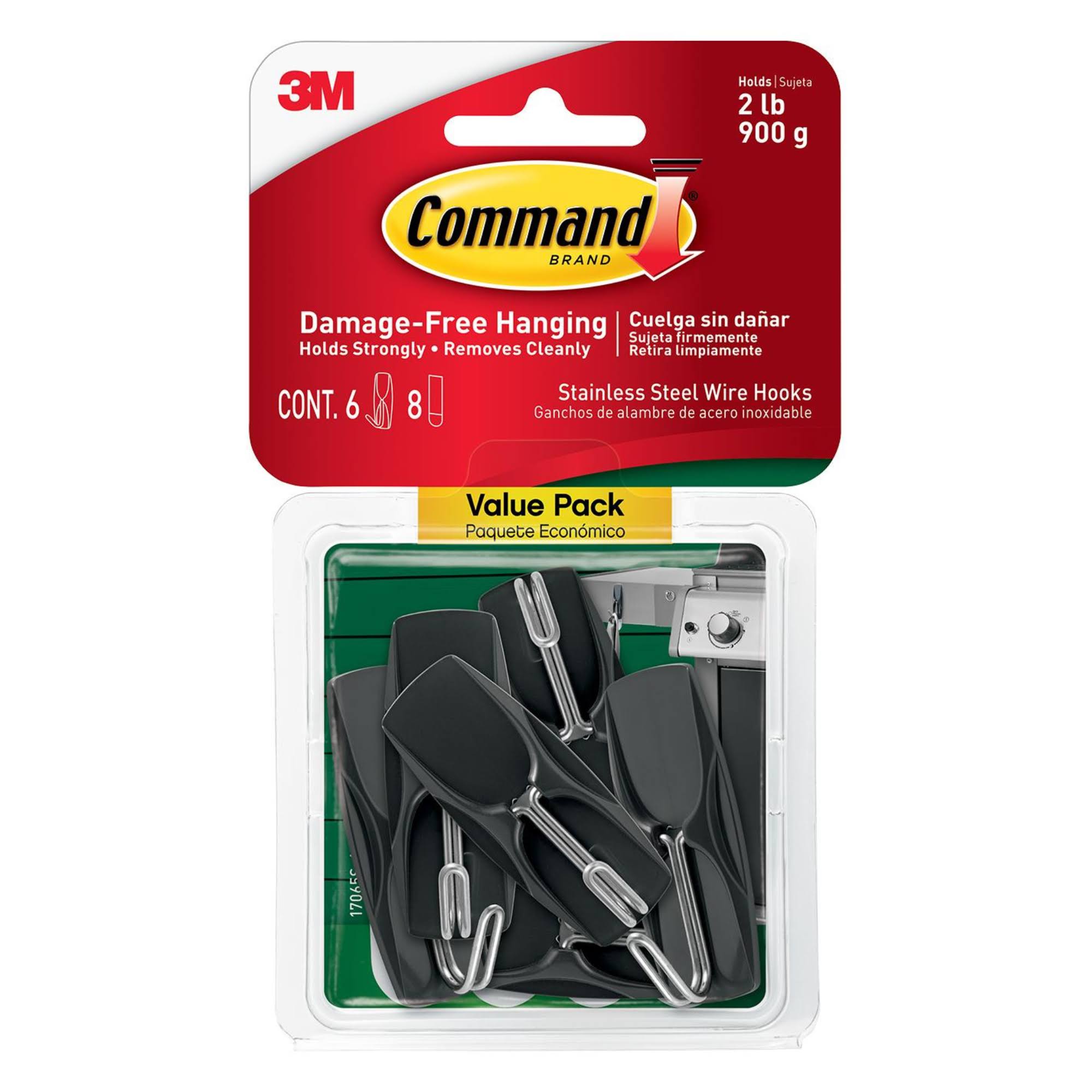d26ac223bdae95ad62a2200e37f6700a51fc909191e732eb7cf4fae4d849223f.jpg Command Outdoor Stainless Steel Wire Hooks Value Pack 17065S-6AWES, 6 Hooks, 8 Strips - Image 1