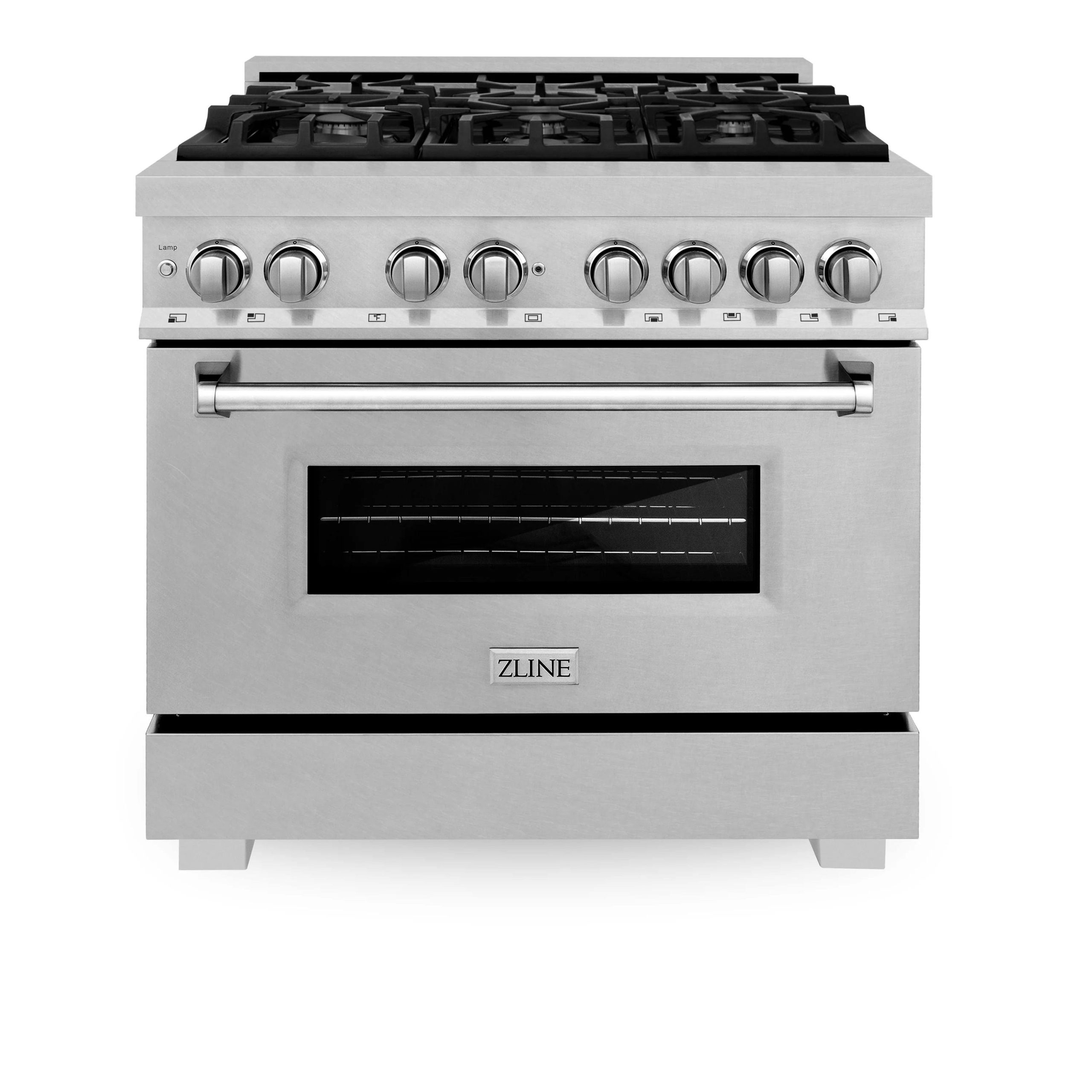 d29d66c957e96c1853f43ac32ab98f4ca3714a8e3545674f0cb641b8c34e9cca.jpg ZLINE 36" Professional Dual Fuel Range in DuraSnow Stainless (RAS-SN-36) - Image 1