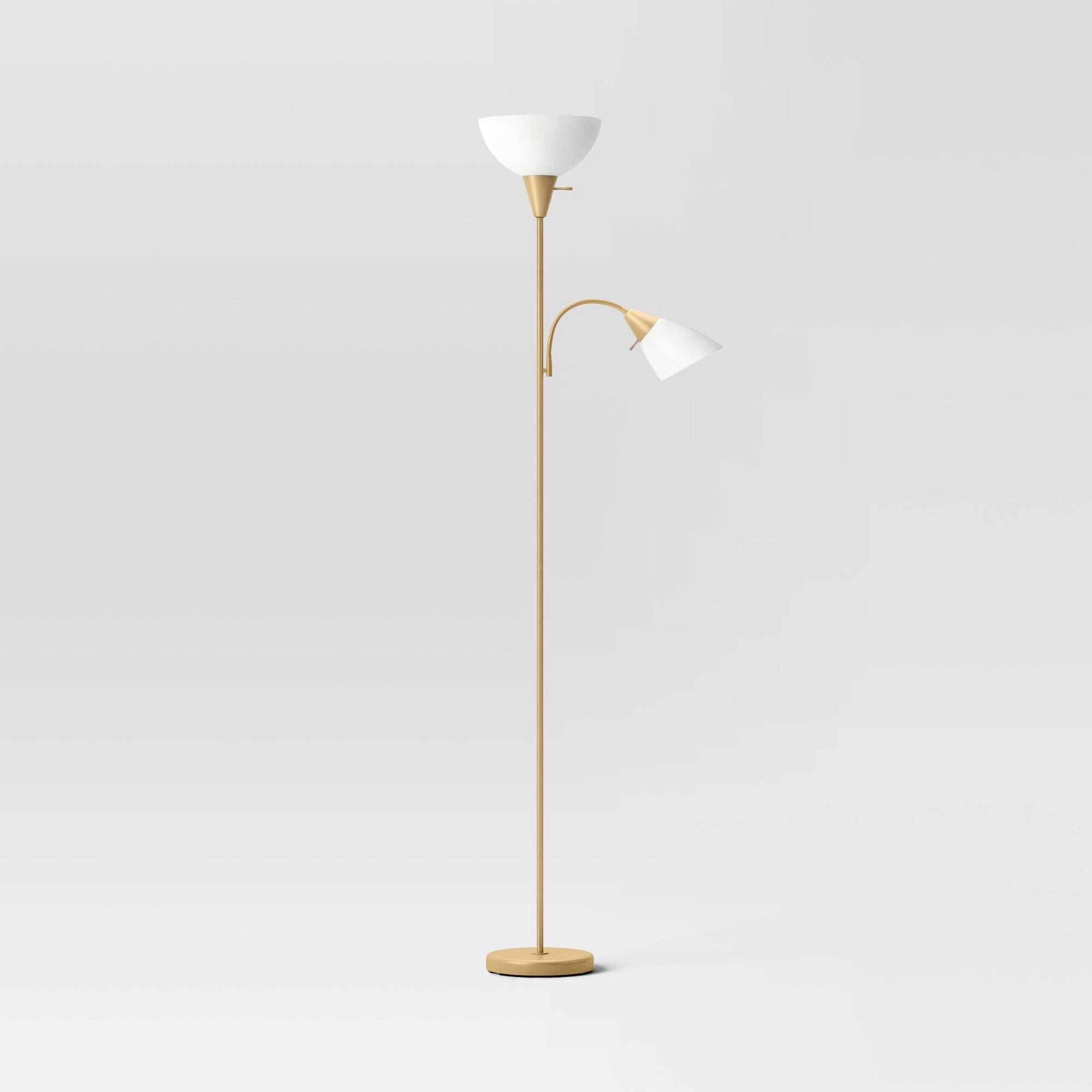 d2ee7676cdb5b19712656e51179772eb31ef9257df5accf65724388bcf65cb9c.jpg Room Essentials Torchiere with Task Light Floor Lamp - Gold - 1 Each - Image 1