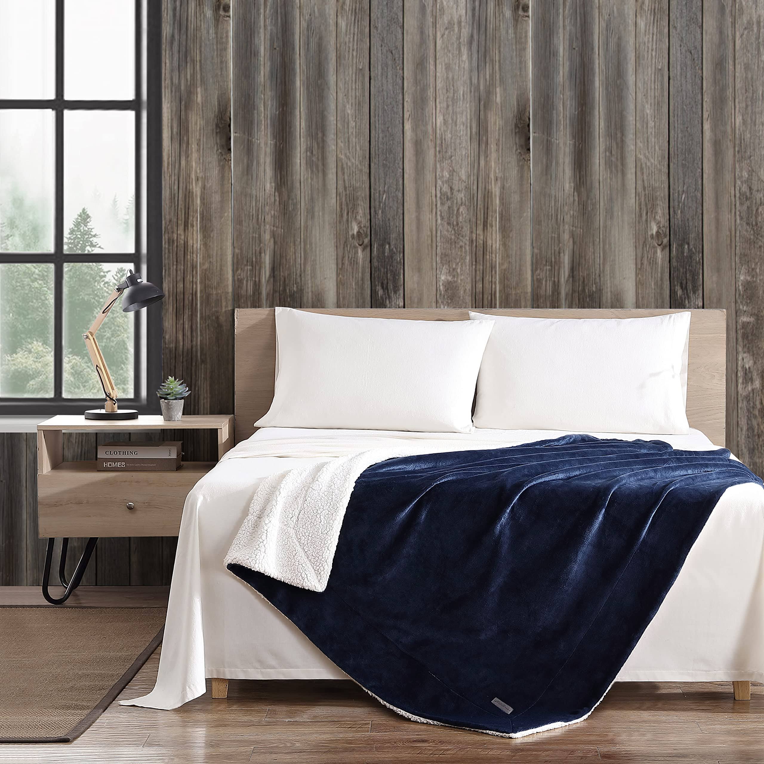 d31bbb3cce309421a948c57dac133ecaa0819c3dfcceaa4d1bde34e4abda408e.jpg Eddie Bauer Ultra-Plush Collection Throw Blanket-Reversible Sherpa Fleece, Blue - Image 1