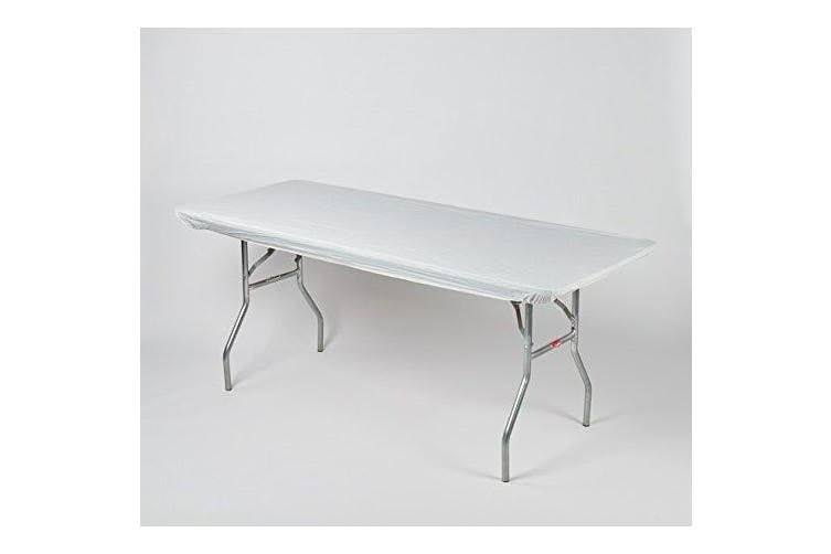 d32a73a618a40a097f0765da196d91364b26cbfc64a1db2a4cf041b7a576791a.jpg Kwik Covers 8' Rectangle Plastic Table Covers 30" x 96", Bundle of 5 (White) - Image 1