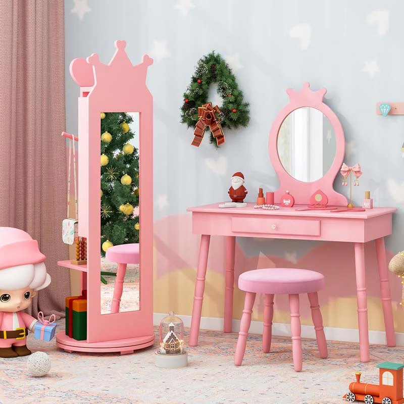 d369f960e0c581bf6e043128f3778f9070bb958ada69da2190d33e35ea361e59.webp Kids Princess Vanity Table Stool and 360° swivel Free-standing Jewelry Cabinet with Full-length Mirror and Drawer - Image 1