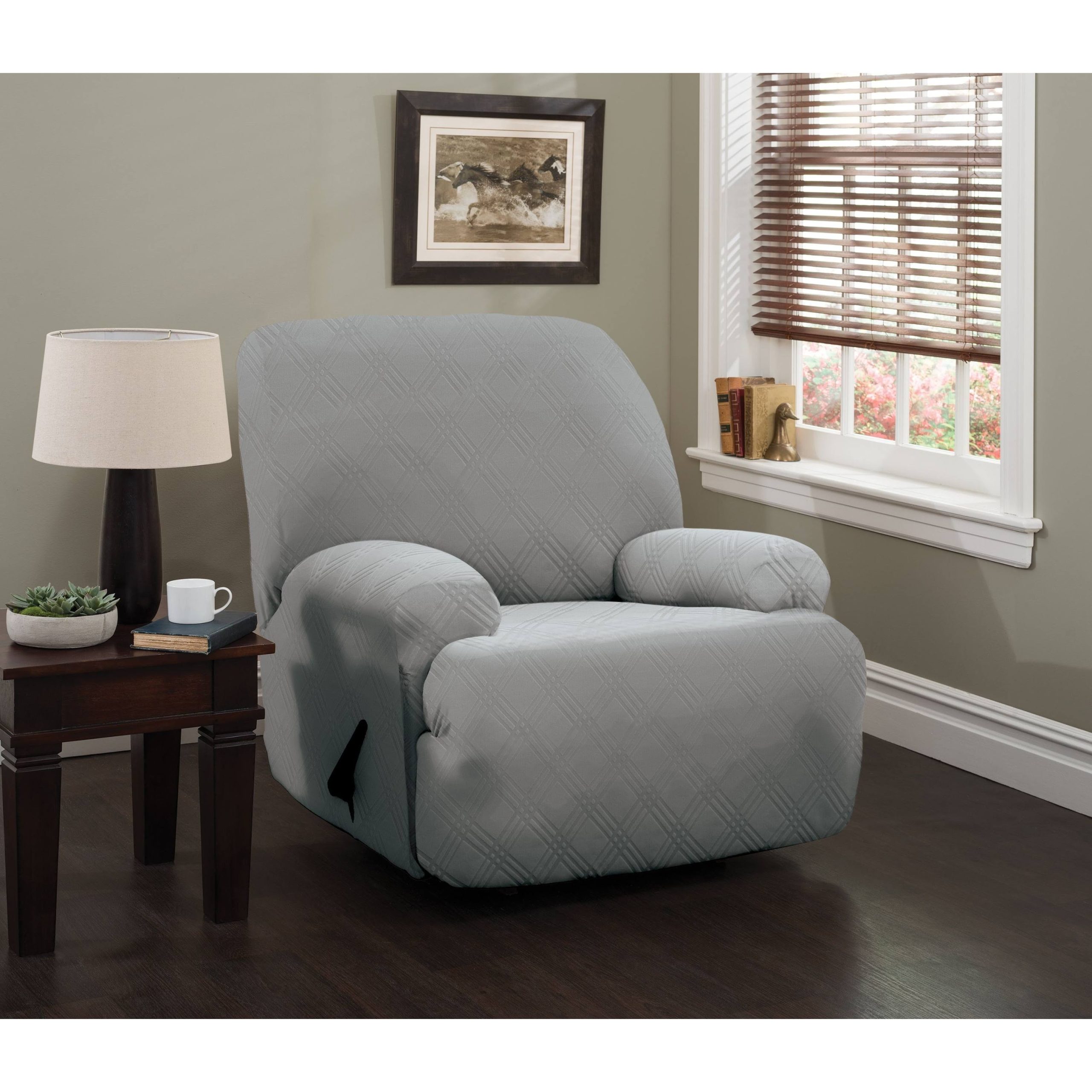 d417c0e67f79a91e0be50d077363e3f8c39b151a14252c44ca9cccf500788bad.jpg Stretch Sensations Stretch Double Diamond Grey Jumbo Recliner Slipcover Gray - Image 1