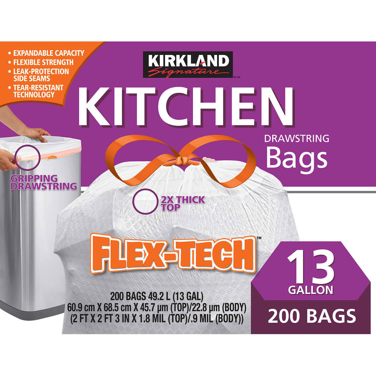d470a701b24f92a42e4f57eef78cd9f83517a91e25ce18fa845b79fc648360e8.jpg Kirkland Signature Flex-Tech Kitchen Bags, 13 Gallon - 200 count - Image 1