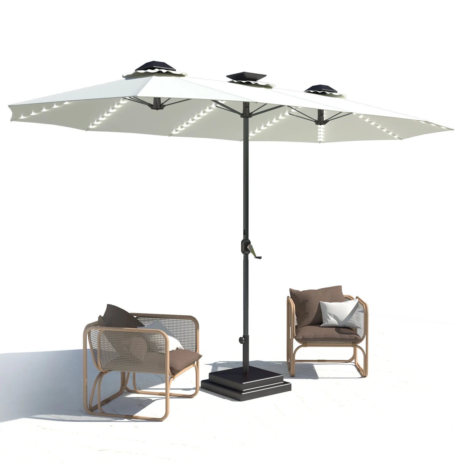 d4a934b6f52d3ab4357ebc013d093ba67109510376d329a68771f0b1bfa8f842.webp AECOJOY 15ft Patio Double-Sided Umbrella, 156 PCS Solar LED Light Outdoor Large Umbrella, Ivory - Image 1