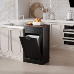 Tilt Out Trash Cabinet,Antique-Style Beadboard Kitchen Island with Solid Wood Tabletop & Drawer, Pet Proof Trash Can, Wood Laundry Cabinet (Black)