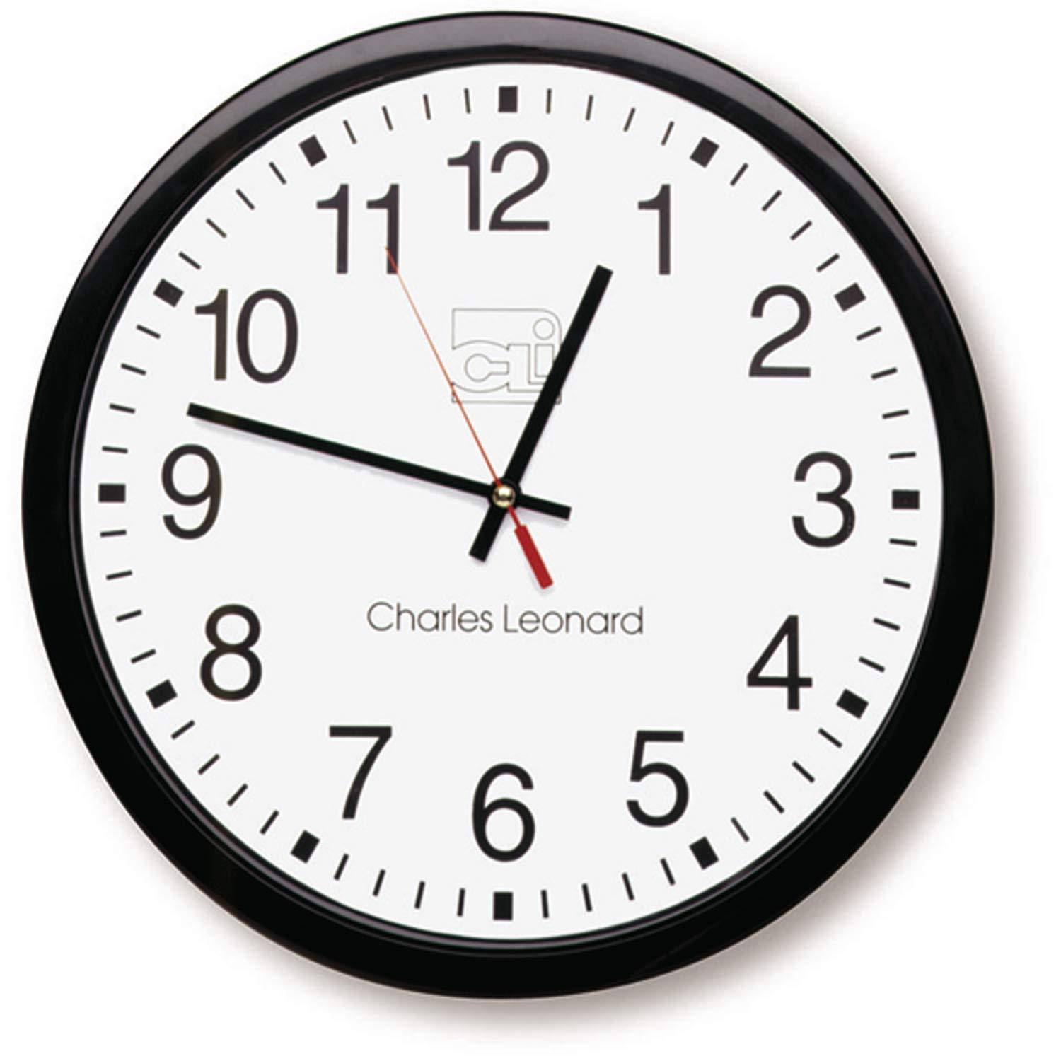 d4e85b7b3862c7e918e43d7985ea415bcbd11197603bc9992ef7b965580c7c75.jpg Charles Leonard Wall Clock 14 inch Thinline Quartz with 12 inch Dial Black/White (76820) - Image 1