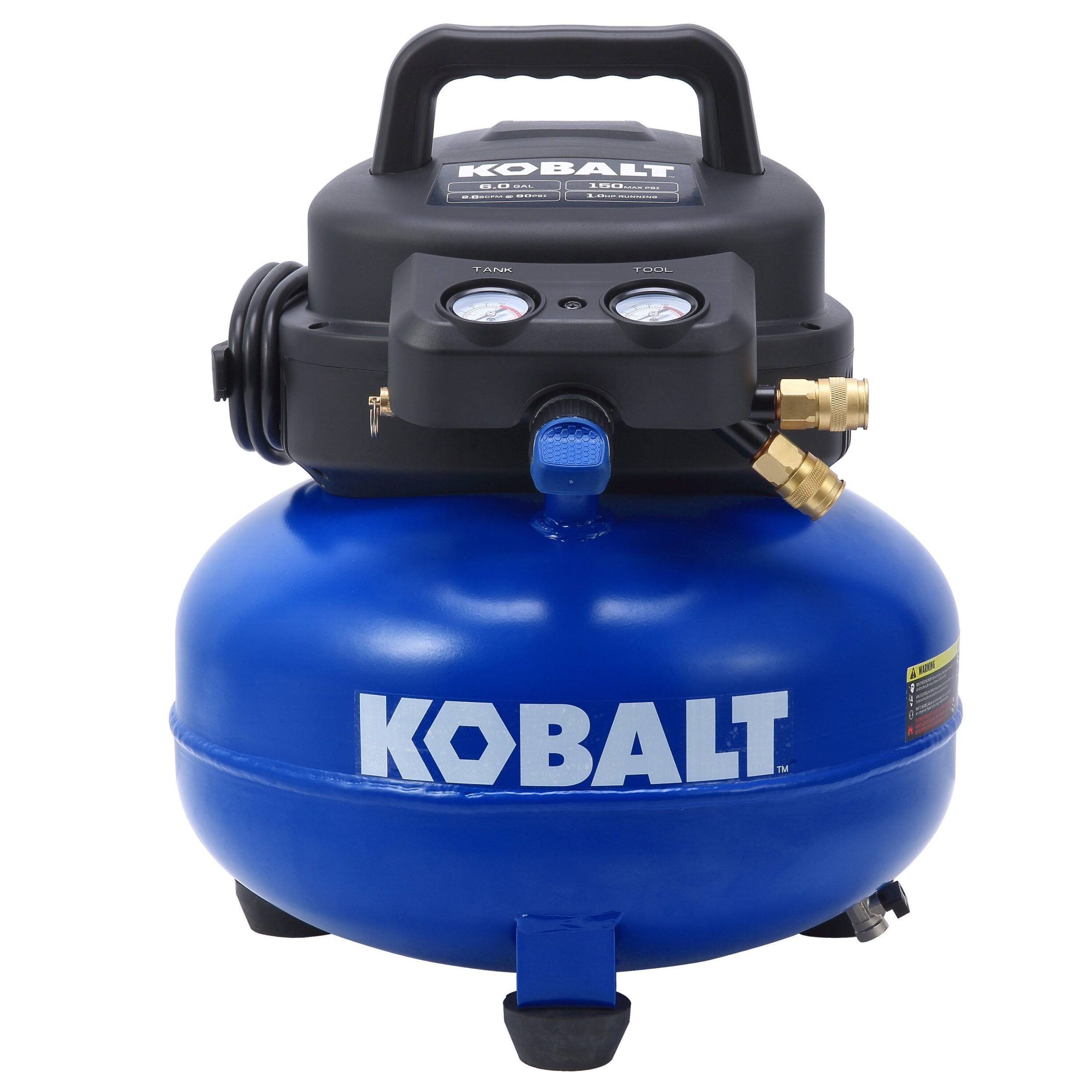 d4fd7b6d58e9578a19db1cece42a7e34e8fea56614a6af39a111806b68fc32f2.jpg Kobalt 6-Gallons Portable 150 PSI Pancake Air Compressor 02106410 - Image 1