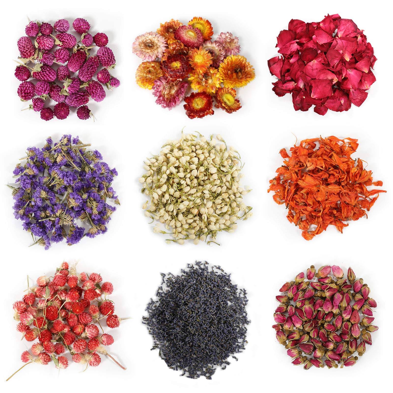 d52de9f58c68a2e31fddcc866ec1ff8635792b9c87e70e682f902346867e379a.jpg 9 Bags Dried Flowers,100% Natural Dried Flowers Herbs Kit for Soap Making, DIY Candle Making,Bath - Include Rose Petals,Lavender,Don't Forget Me - Image 1