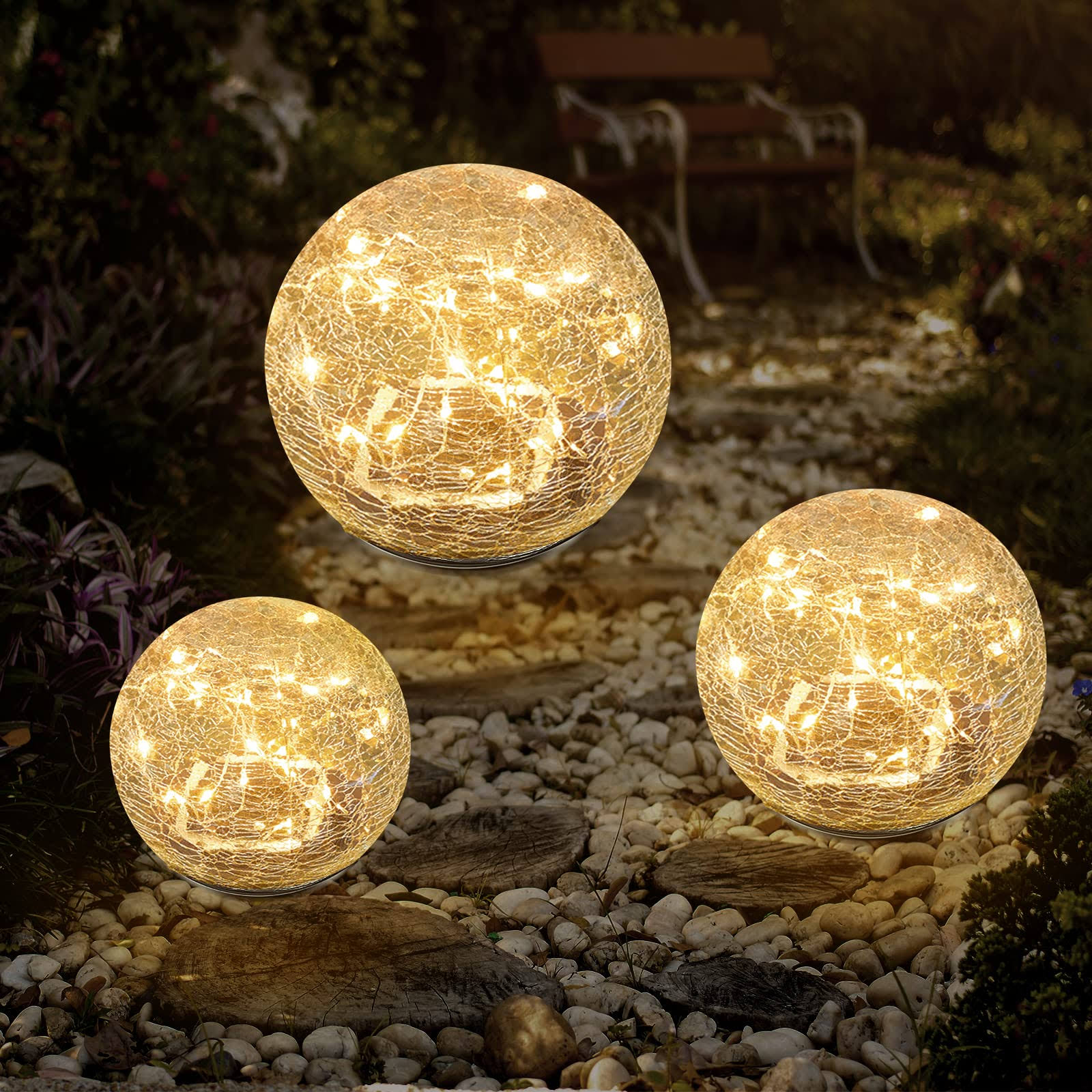d5b847da921c4d38e94ac097e8b742643546021d5e4df1f272360e7104c64361.jpg Bannad Garden Solar Lights, Cracked Glass Ball Waterproof Warm White LED for Outdoor Decor Decorations Pathway Patio Yard Lawn, 1 Globe (5.9inch) - Image 1