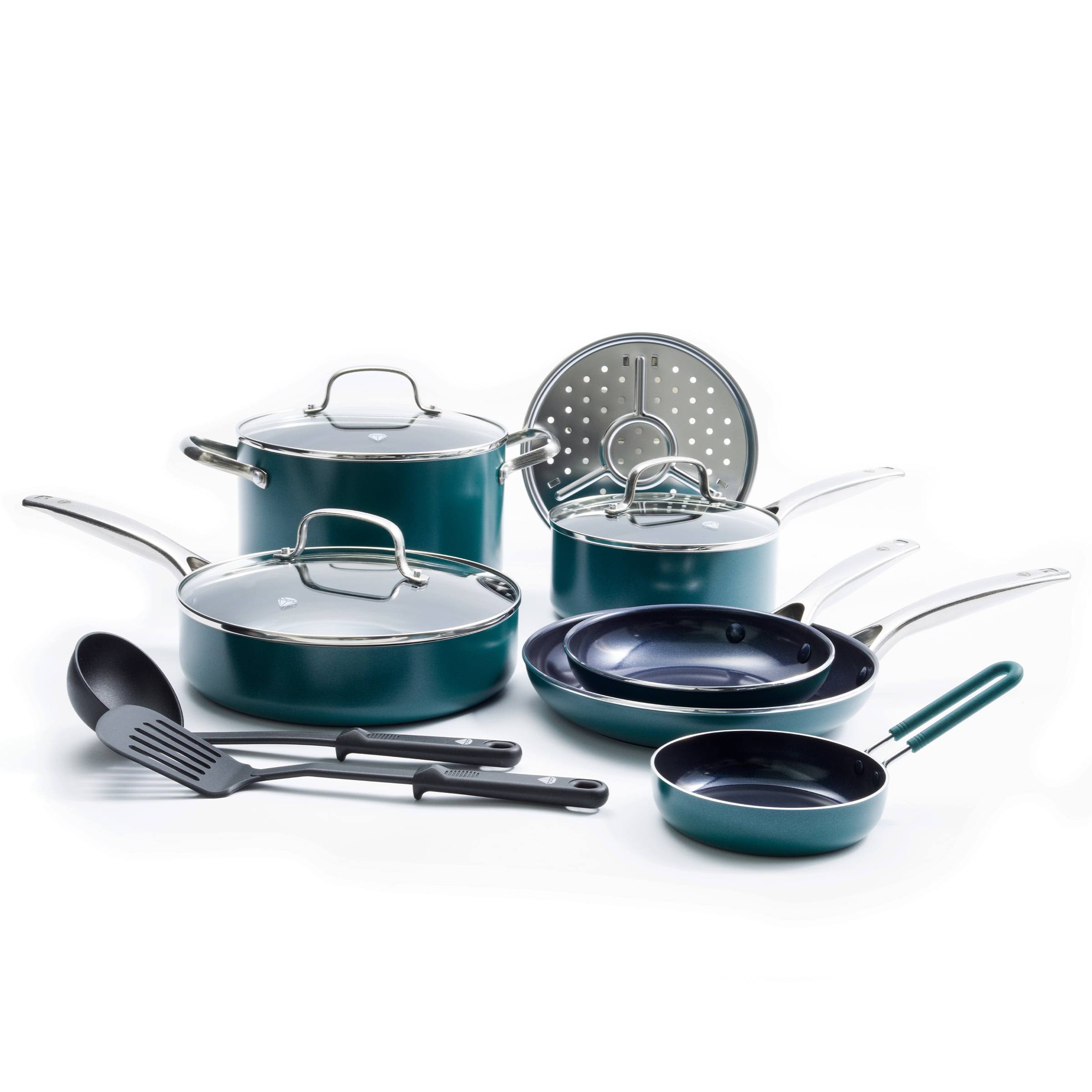 d5c79d6f58087eadeaecca7ab422f674c1c2613e3ff21c66499f5b597f3ef0db.jpg Blue Diamond 12-Piece Green Toxin-Free Ceramic Nonstick Cookware Set - Image 1