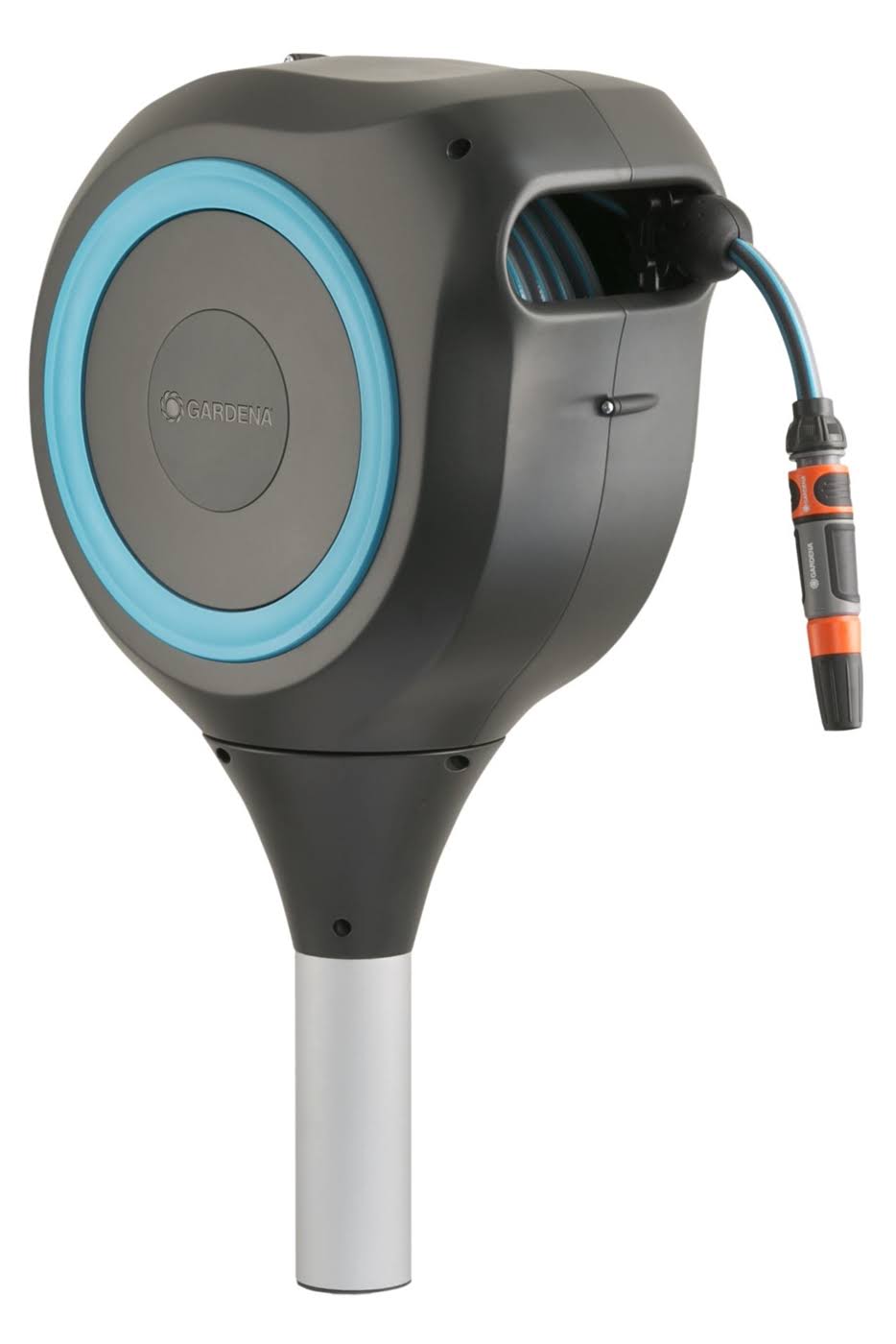d5c8ae1819cf5defcb14ddd430c303022e69dc1b0ca42c893f0591e35239bd5c.jpg Gardena 18614-20 66 Foot Auto Retractable Hose Reel on Metal Spike Standard - Image 1