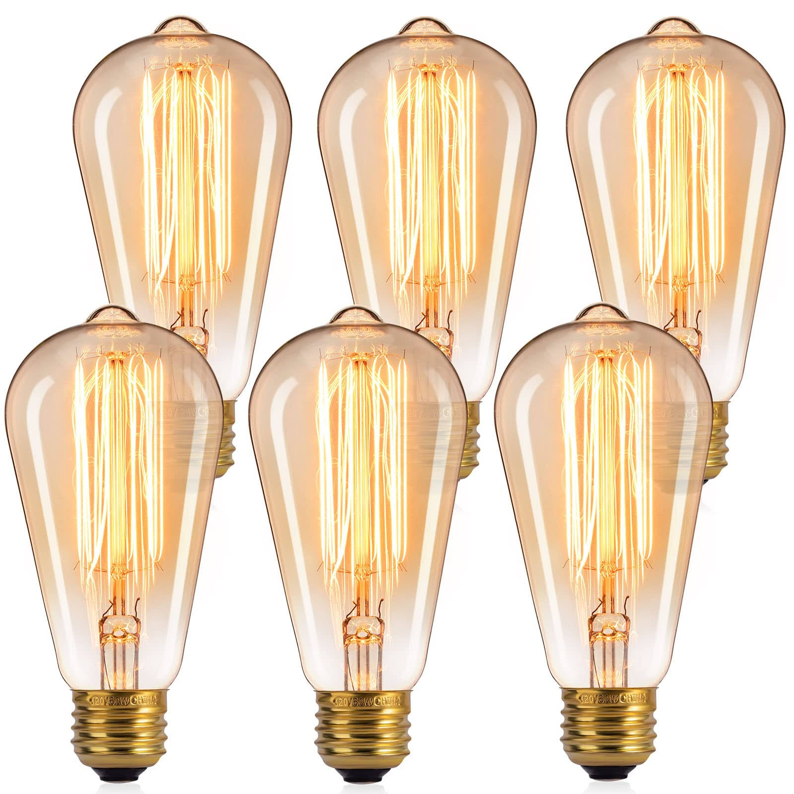 d5fa7619861bd3b4b2fc8e8ec4b76d8295f97a2a7bb858185ca0fbc6d4c461c5.jpg Brightown Edison Light Bulbs 6pcs Vintage 60 Watt Incandescent Light Bulbs E26 Base Dimmable Decorative Antique Filament Light Bulbs 252 Lumens Amber - Image 1