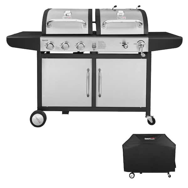 3-Burner Propane Gas and Charcoal Combo Grill in Black with Grill Cover
