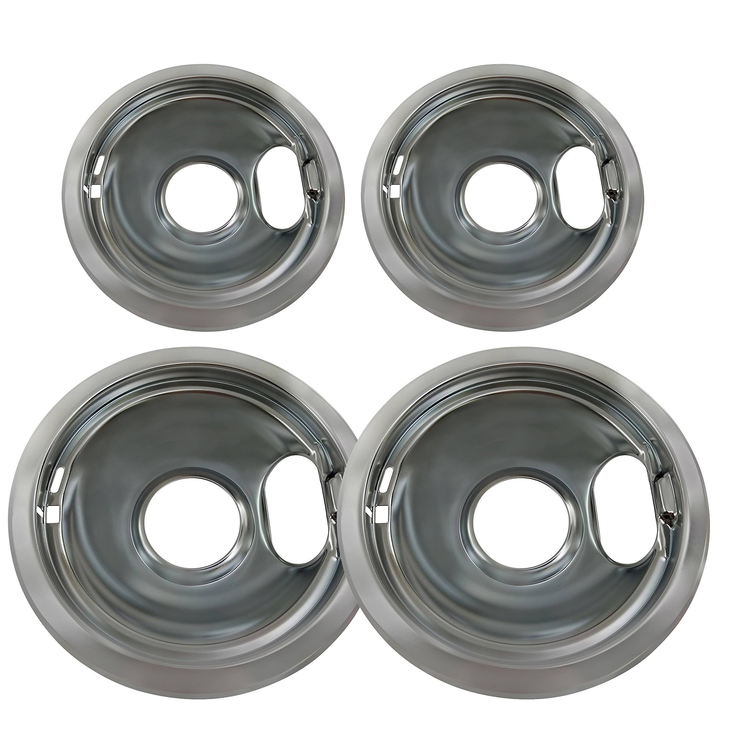 d630dd6f3dae418e863bdb1d0afef7996ea98ae0391868ab8254c5f8dafd72c7.jpg Kitchen Basics 101 4 Pack (2) 6" & (2) 8" Replacement Chrome Pans for Whirlpool W10278125 W10196405 W10196406 - Image 1