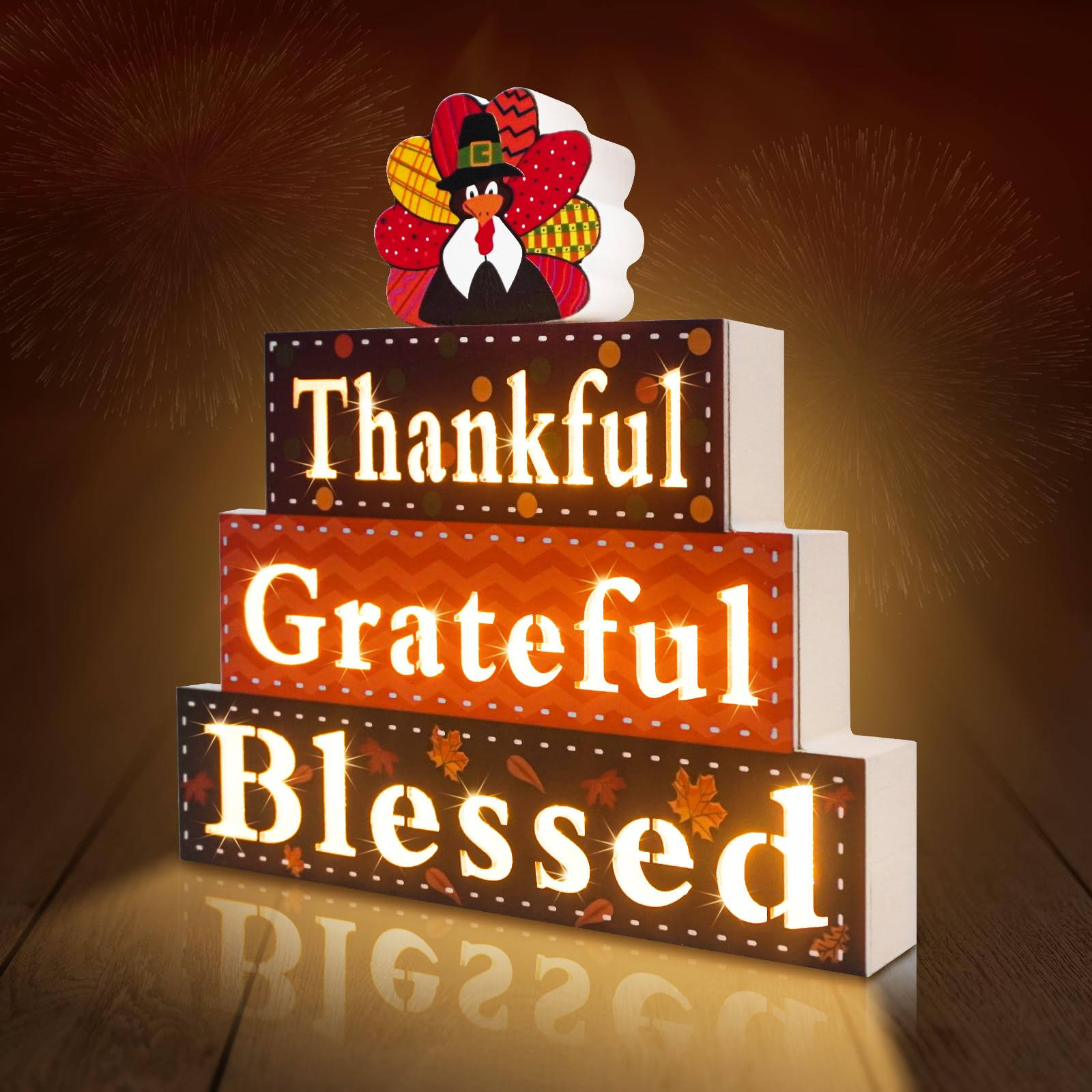 d6d41e0ad608714e12939023e6e2533aa0029f7d7cd2c72dacacaf723f11b09a.jpg Dehoxara Thanksgiving Lighted Wooden Block Sign Decorations Thankful Grateful Blessed Turkey Wood Signs Battery Operated Fall Thanksgiving Farmhouse - Image 1