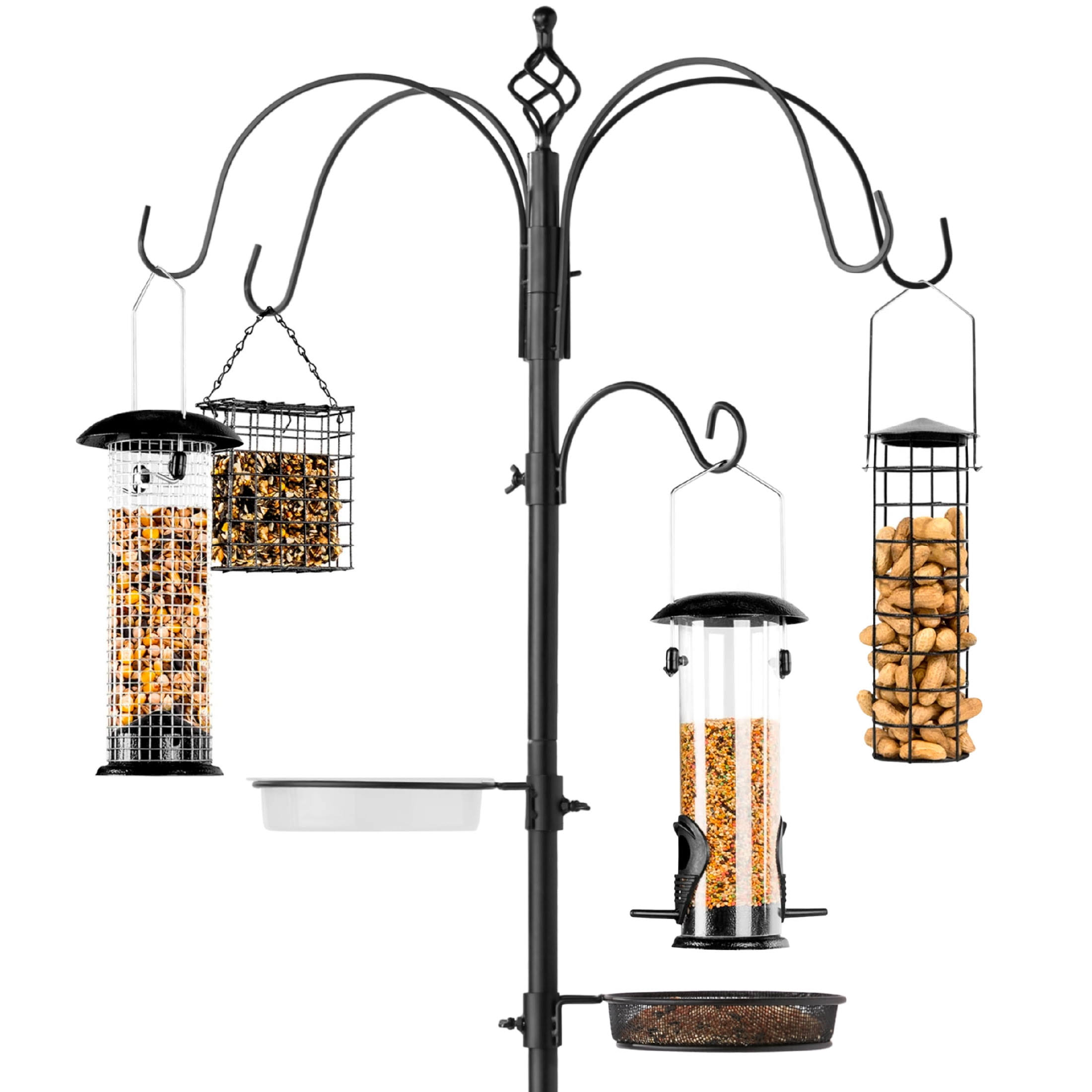 d6fc09ea43732832d35eeede1573d4de6c070c0f94467cd3a3a22b2da94204cc.jpg Best Choice Products 89in 6-Hook Bird Feeding Station, Steel Multi-Feeder Stand w/ 4 Feeders, Tray, Bird Bath - Black - Image 1