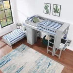 Twin Loft Bed with Closet & Desk, Wood Bed Frame with Movable Bed, Bunk Bed for Kids Adult, Gray