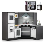 Corner Wooden Kids Kitchen Playset, Little Chef Pretend Toy Kitchen Set w/ Microwave, Range Hood, Washing Basin, Lights & Sounds for Toddlers