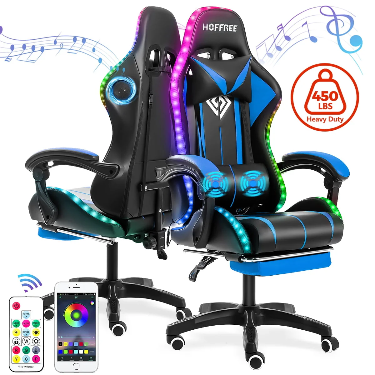 d7e89bab3a69f509e5536e71ece8b69ba3f8a8c96303551916d5ee8111ce3d4d.webp Hoffree Message Gaming Chair with RGB LED Lights, Racing Style Recliner Swivel Video Game Chair with Speakers, Adjustable Ergonomic High Back Computer Chair with Headrest & Lumbar Support - Image 1