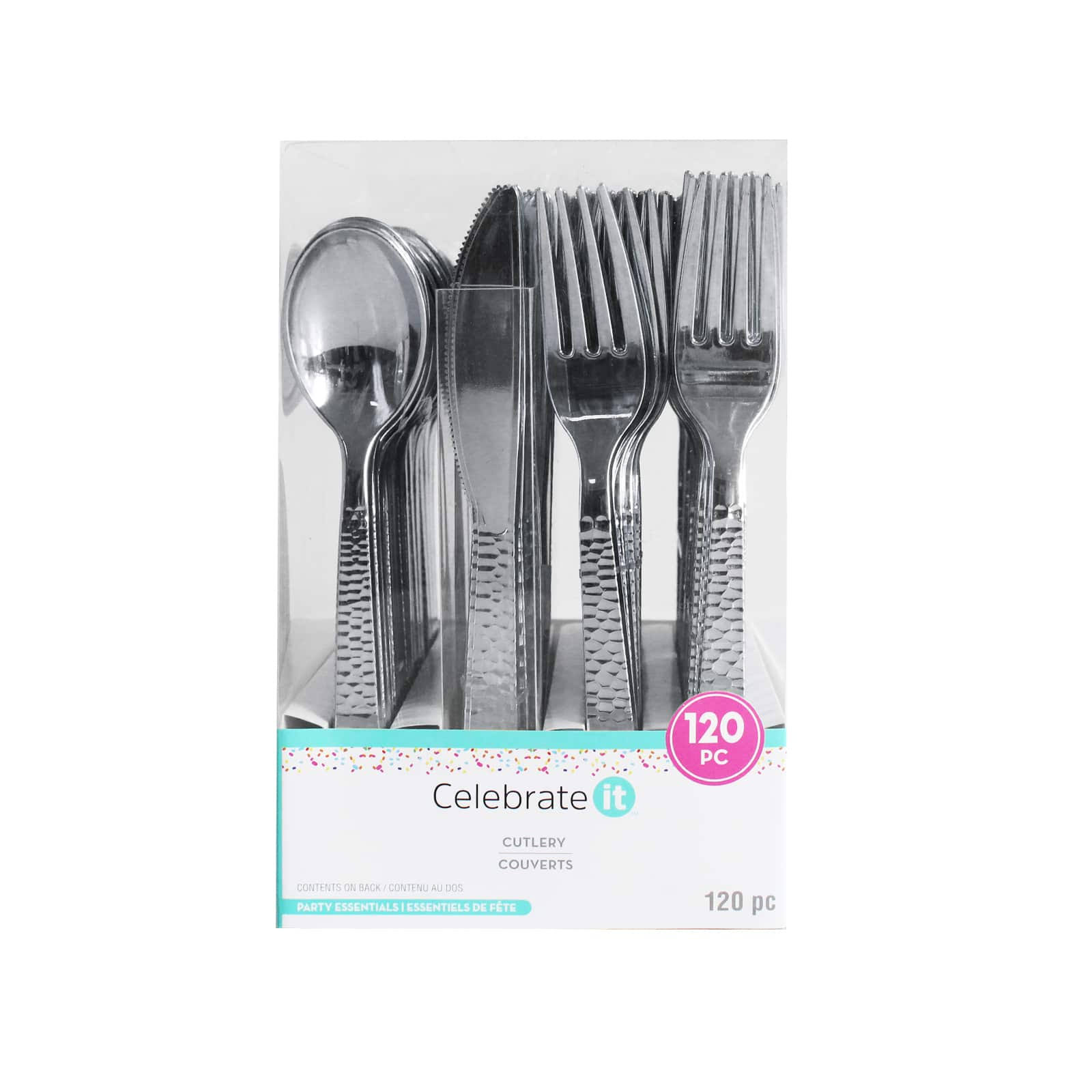d806c6cd8b61dda19468a6db989a47f07512c4e5deef83cd9d6739d8cd74364d.jpg Silver Hammered Plastic Cutlery Set by Celebrate It , 120ct. - Image 1