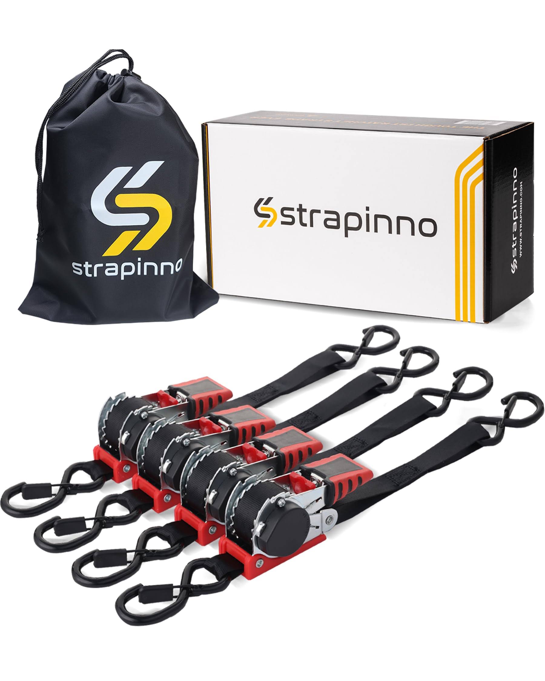 d85864aa8da82545270aaa64a960706316614028e01e60f29ead6a4e49b7be08.jpg Strapinno Retractable Ratchet Straps 1 in x 10 ft Secure Tie-Downs with Rubber-Coated Steel Handles S-Hooks & Durable Hardware for Motorcycle Jets - Image 1