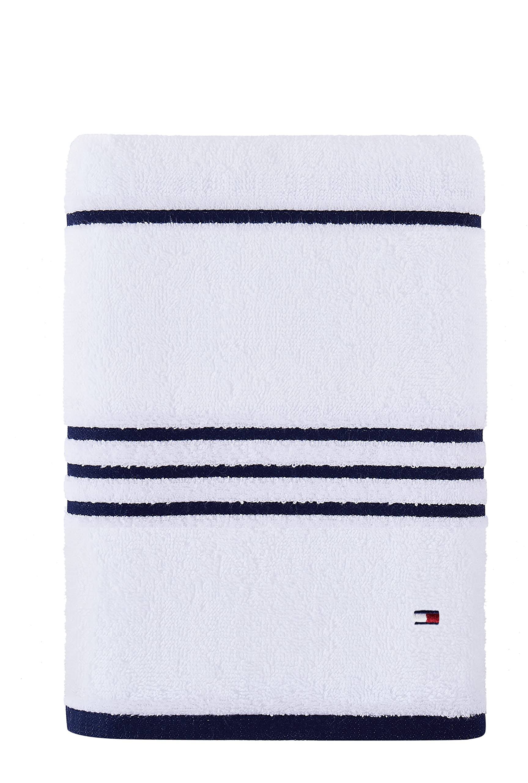 d89b8dab41ea15c72a8f4779b638eb2be6e9f75afe3b9f51e39ebfa40274058c.jpg Tommy Hilfiger Modern American Stripe 30" x 54" Cotton Bath Towel - White/Peacoat - Image 1