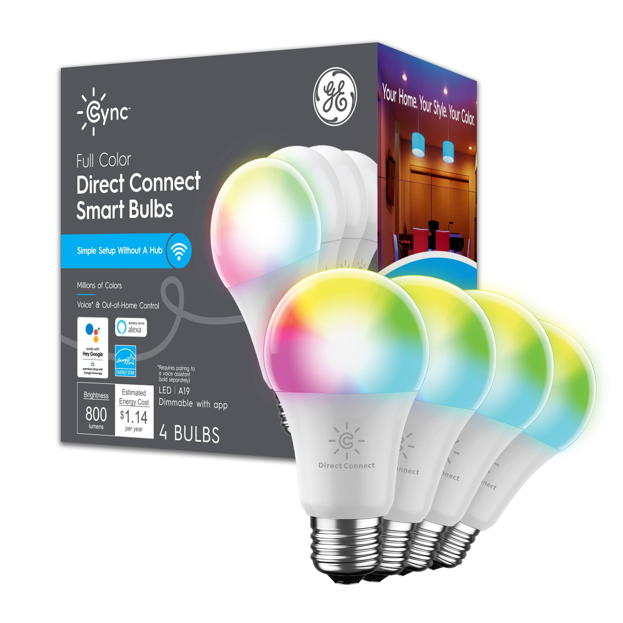 d8b32990d02e93f56479d7b58c97309d04d440afd915664c86676a05b2884014.jpg Cync by GE Full Color Direct Connect Smart Bulb (4 LED A19 Bulbs) - Image 1
