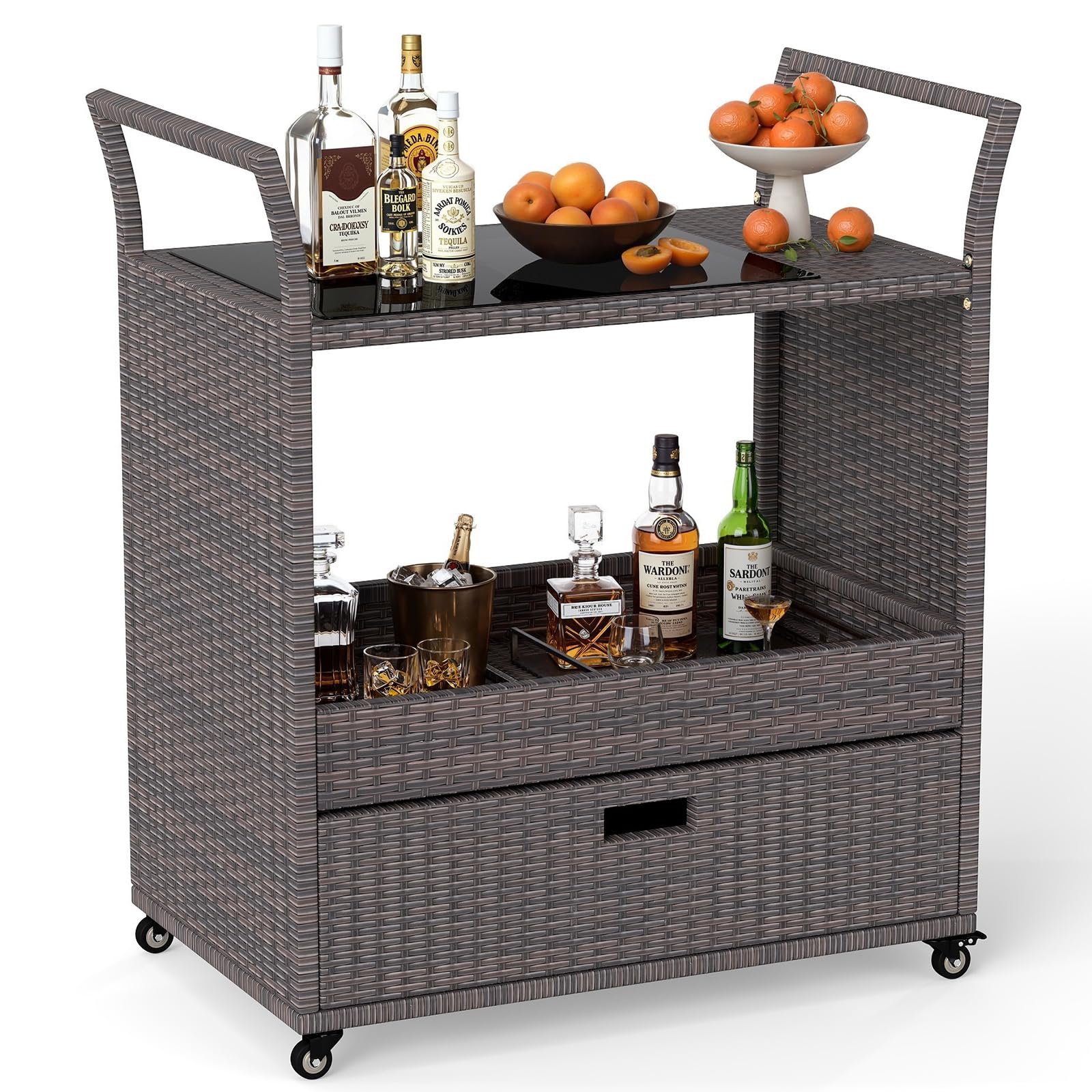 d8b62b4db431cfe8e451a980ed828065f61f9662e9d1420b2122a0e4ccbdf910.jpg Tangkula Outdoor Rolling Wicker Bar Cart with Tempered Glass Top - Image 1
