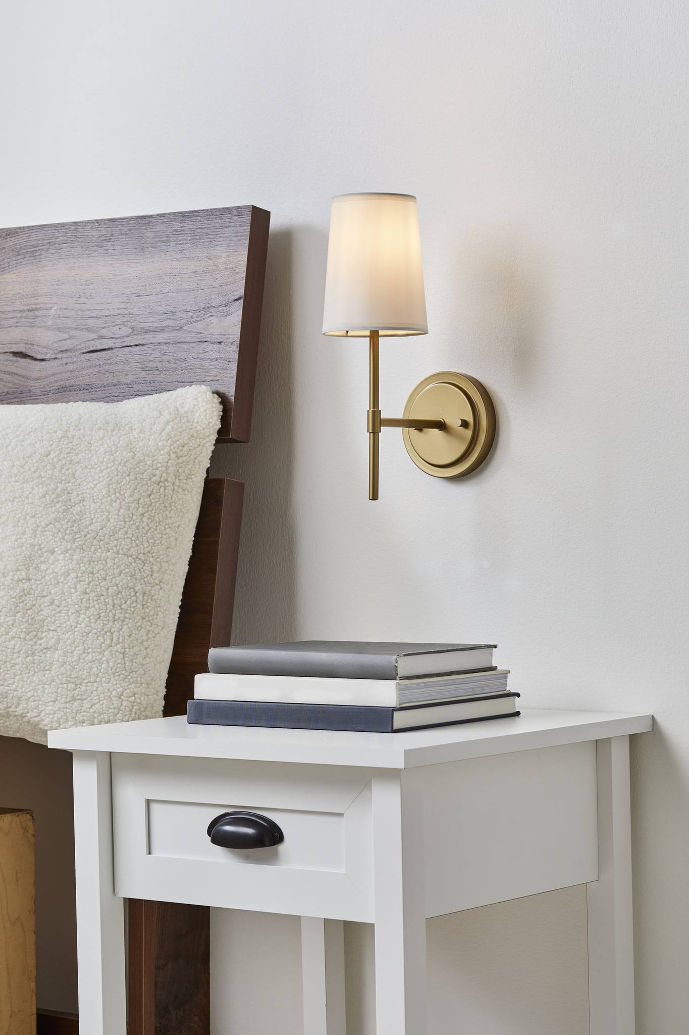 d8cbeca87b11d2b400858619f4698c73819e6270ffdfaf26a85554bf78015eb8.jpg Better Homes & Gardens 1 Light Wall Sconce,Burnished Brass,White Fabric Shade,Bulb Not Included - Image 1