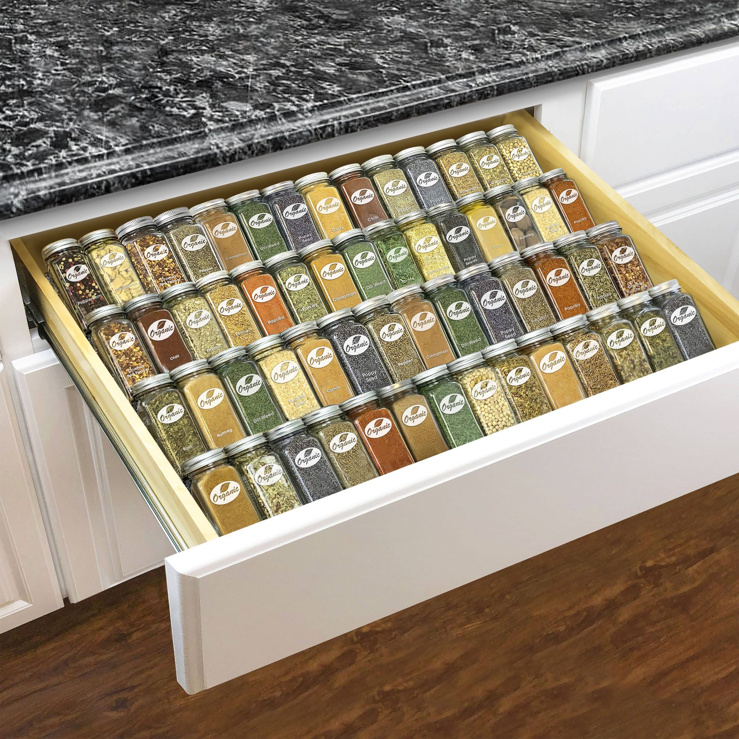 d92d64e4b8251a7a8ddd0e84dae9f4cbdc777f3a58424b8ddc1a1f8c8279d66f.jpg Lynk Professional Spice Rack Tray - Expandable 4 Tier Heavy Gauge Steel Drawer Organizer, Silver Metallic - Image 1