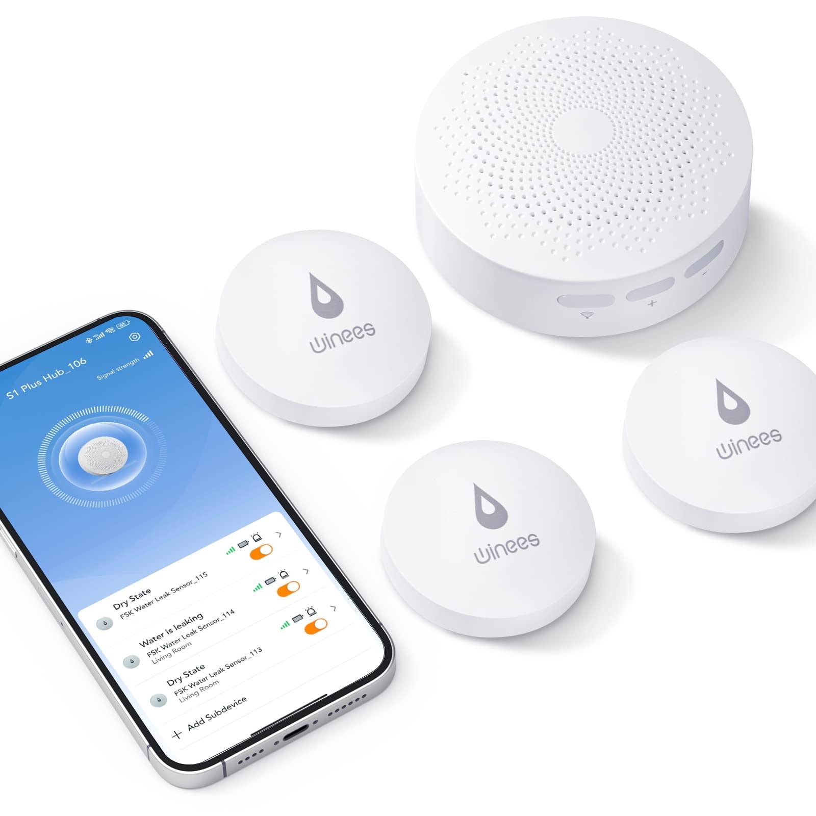 d9395a25749bd4857978abdcd4162005d8b02f5200bc25cbc03014c234a7cf9b.jpg Winees WiFi Water Leak Detector, 3 Pack Water Sensors with 100dB Adjustable Alarm, Leak Alert Email&SMS Notification, 100m Transmission for Basement - Image 1