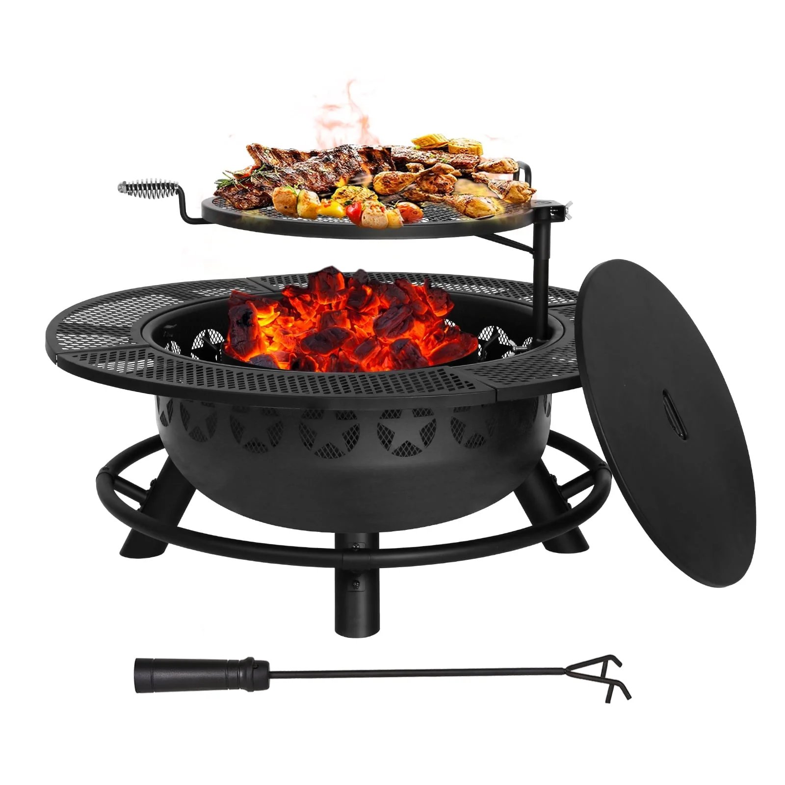 d99b2adfaf398fe2ef018a14d1052db56a2799af15734c4aba047fd8d55c60ea.webp Hykolity 35 in Fire Pit with Cooking Grate & Charcoal Pan, Outdoor Wood Burning BBQ Grill Firepit Bowl with Cover Lid, Steel Round Table for Backyard Bonfire Patio Picnic - Image 1